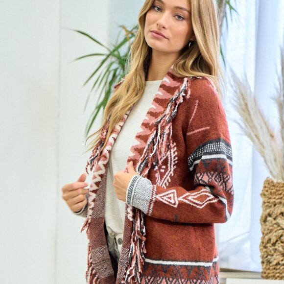 bohemian Fringe Sweater Coat Aztec Print Cardigan, Western Boho Jacket - Picture 5 of 7